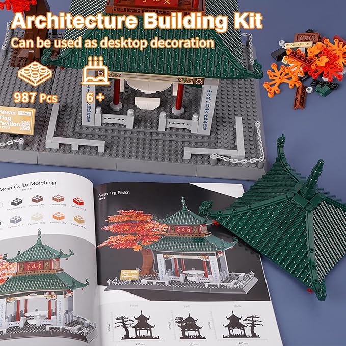 Oichy Building Blocks Set 987 PCS, Aiwan Ting Pavilion Architecture Model Kit Collection Toy Building Sets Gift for Adults and Kids