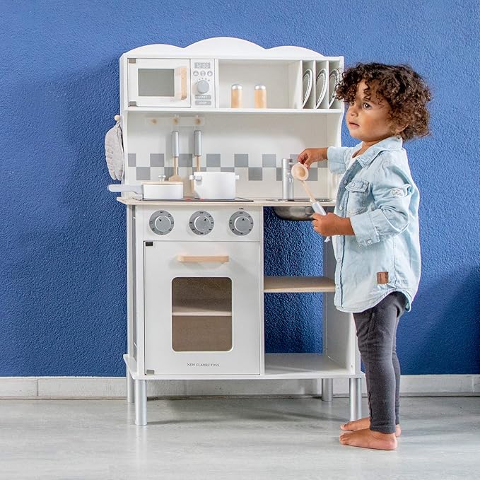 New Classic Toys Wooden Pretend Toy Kitchen for Kids with Role Play Bon Appetit Electric Cooking Included Accesoires Makes Sound, Modern White