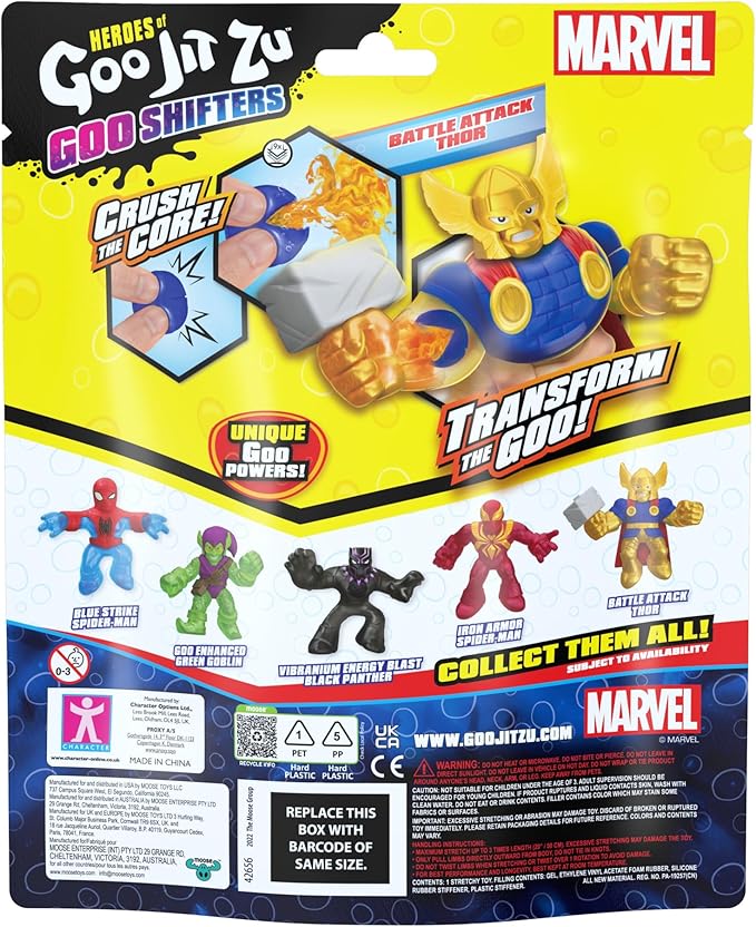 Heroes of Goo Jit Zu Goo Shifters Marvel Edition Stretchy Hero Battle Attack Thor | Super Scrunchy Marvel Toy Figure | Crush The Core | Transform The Color of The Goo | Stretches Up to 3X Its Size