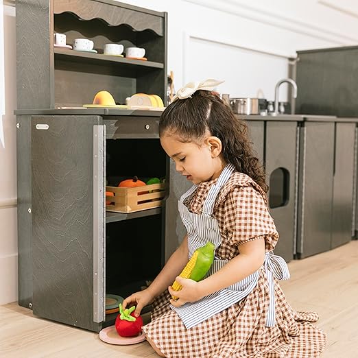 ECR4Kids Play Kitchen Storage Cupboard, Wooden Playset, Grey Wash