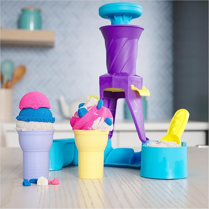 Kinetic Sand, Soft Serve Station with 14oz Play Sand (Blue, Pink & White), 2 Ice Cream Cones & 2 Tools, Sensory Toys for Kids Ages 5 and up