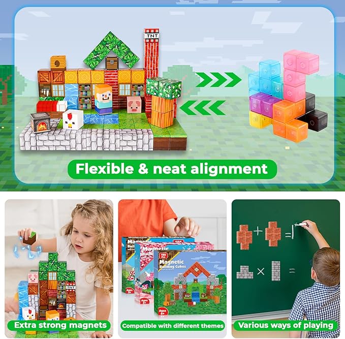 Magnetic Blocks-100PCS Grassland Magnetic Building Blocks Set, Kids Classroom Sensory Toy for Toddlers STEM Learning, Construction Stacking Toy for Kids 3+ Boys and Girls Christmas Birthday Gifts Toys