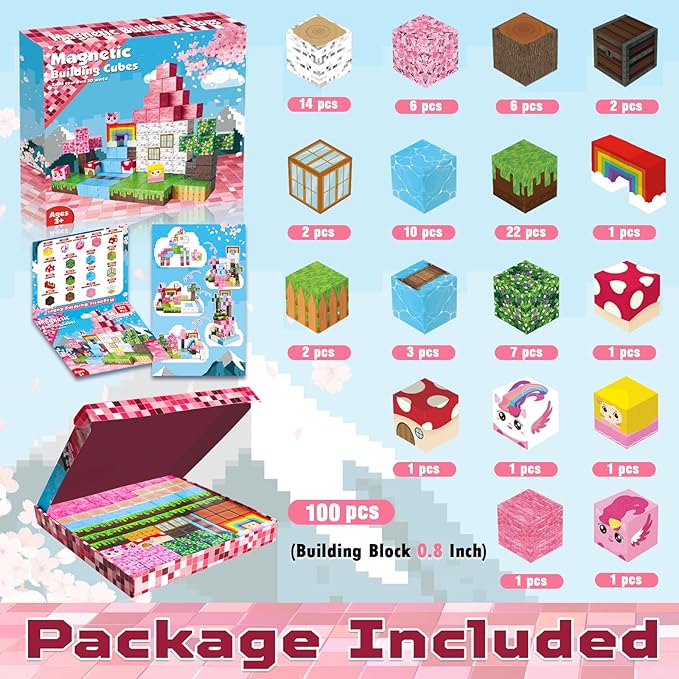 Goody King Magnetic Blocks | 100PCS Building Magnetic Pink Castle Magnetic Set,Magnetic Building Cube Game for Kids Age 3 4 5 6 7 8 9 10, STEM Montessori Stacking Toy, Sensory Tiles Building Christmas