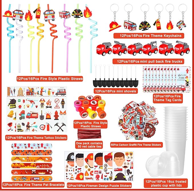 HyDren 171 Pcs Firefighter Party Favors Included Gift Cup Straw Keychain Slap Bracelet Mini Truck Sticker Stamper Card Tattoo Sticker Shovel Sticker Tag Cable Tie For Birthday Gift Prize