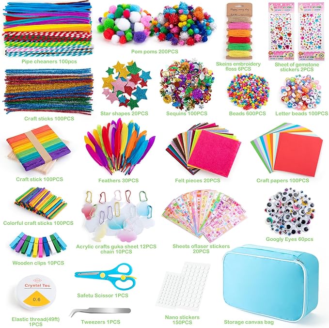 Sundaymot Arts and Crafts Supplies for Kids, 2000+Pcs Craft Kits for Kids, DIY School Craft Project, Bulk Craft Set, Includes Art Supplies and Oxford Cloth Bag, Arts and Crafts for Kids Ages 6+