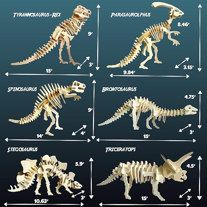 Hapinest 3D Puzzle Wooden Dinosaur Puzzles, 3D Wooden Puzzles Dinosaur Model Kit for Kids, Makes 6 Dinos, Building Toys Wood 3D Puzzles for Kids Boys & Girls Ages 5 6 7 8 9 10 11 12 Years Old & Up