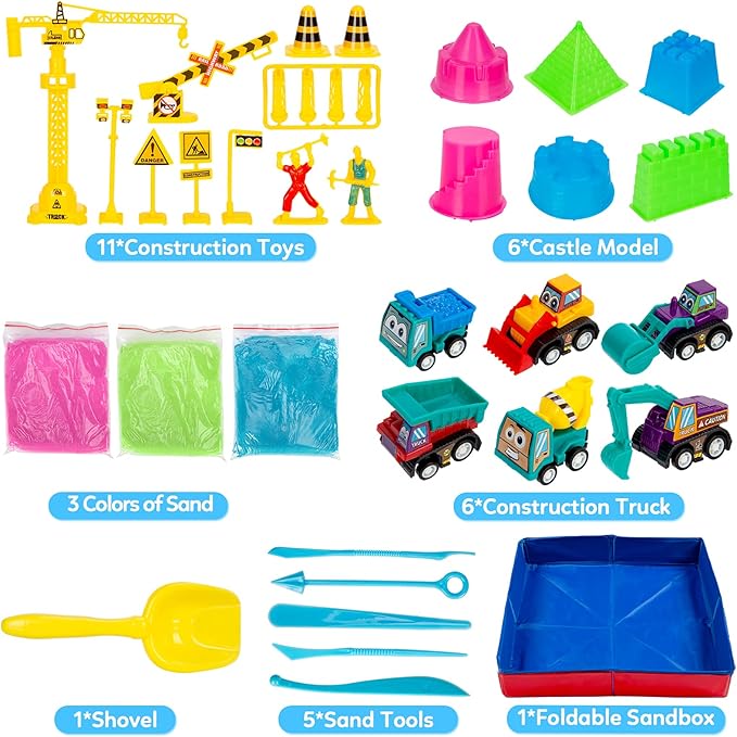 ThinkMax Sand Kit for Kids, 3lbs Sand, 6 Mini Construction Trucks, Construction Toys and Signs, Castle Sand Molds Tools, Foldable Box and Storage Bin Tote, 43PCS Sand Set for Boys Grils