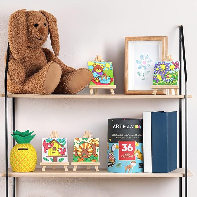 Arteza Kids Nature Painting Kit, 4 Canvases 3 x 3 Inches, 4 Easels, 12 Acrylic Paints, 2 Paint Brushes, 1 Palette, Kids Activities for Ages 6 and Up