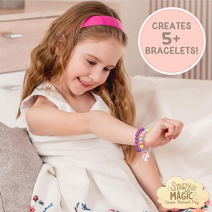 Story Magic Unicorn Bead Set by Horizon Group USA, Create Your Own Magical Beaded Jewelry, Includes Over 100 Natural Wooden Beads Large Hole, 5 Pre-Cut Elastic Cords with Shoelace Ends, Storage Case