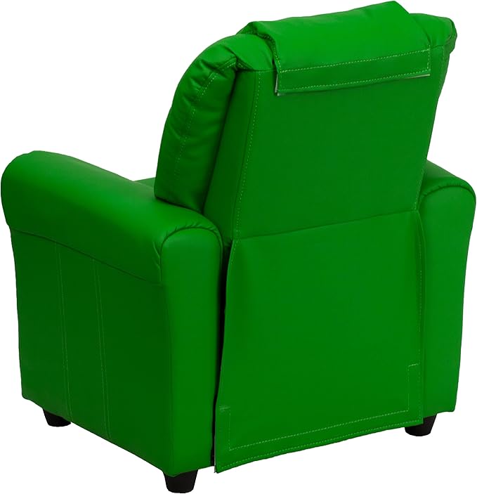 Flash Furniture Vana Vinyl Kids Recliner with Cup Holder, Headrest, and Safety Recline, Contemporary Reclining Chair for Kids, Supports up to 90 lbs., Green
