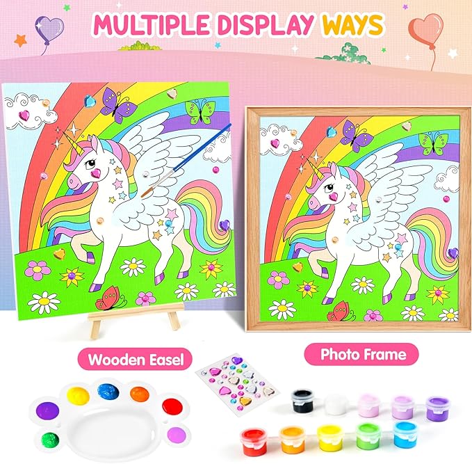 ZMLM Kids Pre Drawn Canvas for Painting, Acrylic Painting Kit for Kids ages 4-8, 10 x 10 Inch Unicorn Pre Drawn Canvas Panel with Diamond Sticker, Arts & Crafts for Kids Birthday Christmas Shcool Gift