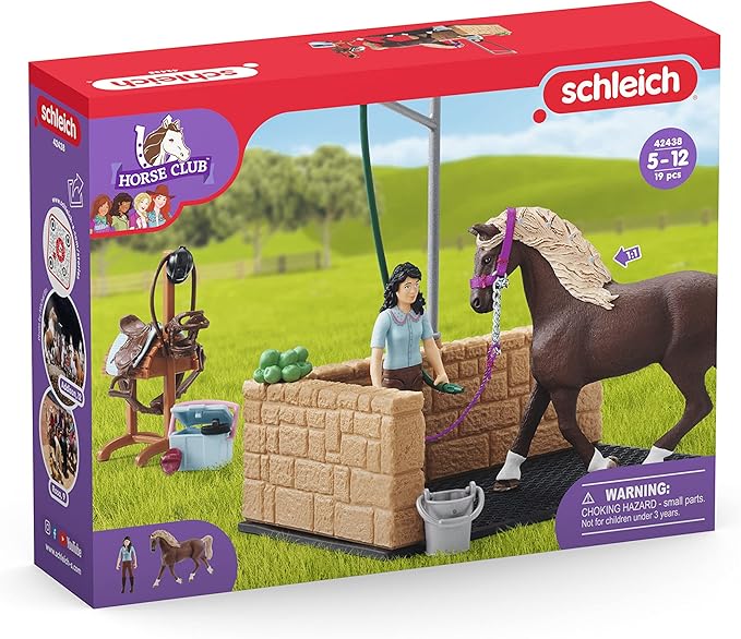 Schleich Horse Club — 19-Piece Equestrian Washing Area Horse Playset with Horse and Rider Figurines, Washing Stall with Moving Swivel Hose Arm, Horse Toys for Girls & Boys Ages 5+