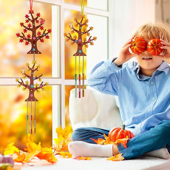 Fennoral 10 Pack Fall Wind Chime Kit for Kids Make You Own Fall Tree Wind Chime Wooden Arts and Crafts for Girls Boys DIY Coloring Fall Craft Activity Autumn Party Deocration