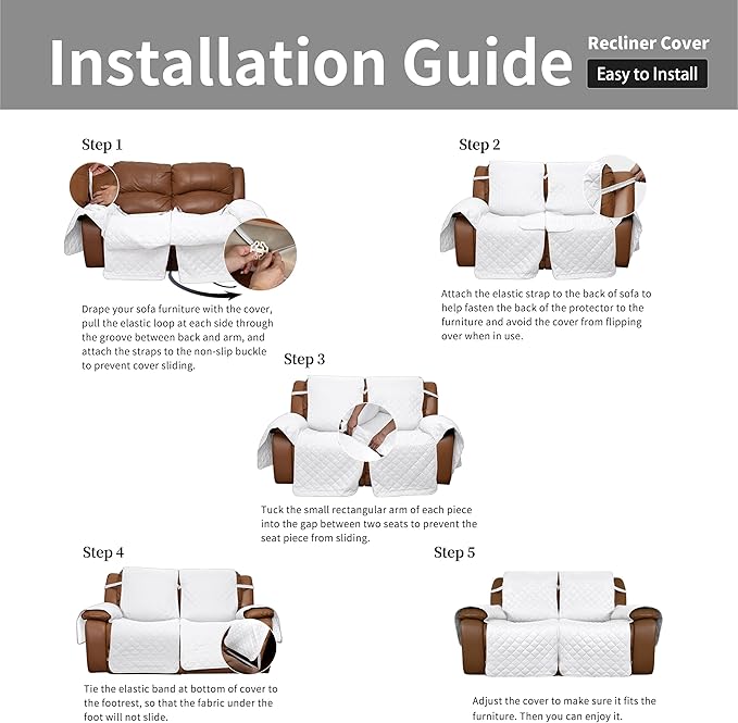 Easy-Going Oversized Loveseat Recliner Cover, Reversible Couch Cover for Double Recliner, Split Sofa Cover for Each Seat with Elastic Straps for Kids, Dogs, Pets(Oversized 2 Seater, White/White)