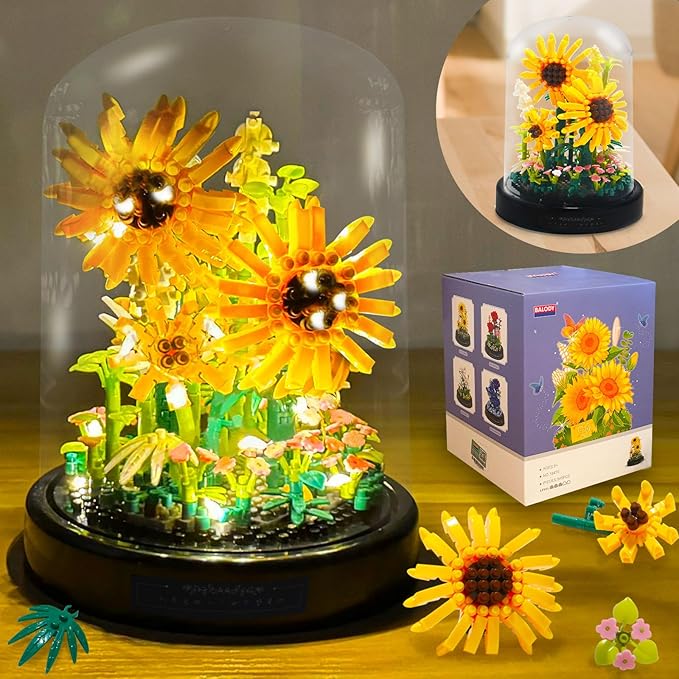 Topdear Sunflwer Building Block with LED String Light and Dust Cover, Flower Bouquet Building Set Gifts for Mothers Day, Valentines Day, Birthday, Anniversary, Christmas