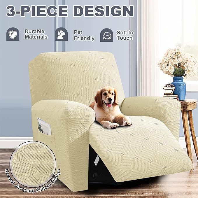 JIVINER Oversized Recliner Chair Covers, 3 Piece Slipcovers for Large Recliner Chair Soft Jacquard Reclining Chair Protector Slipcovers for Dogs,Cats (X-Large, Beige)