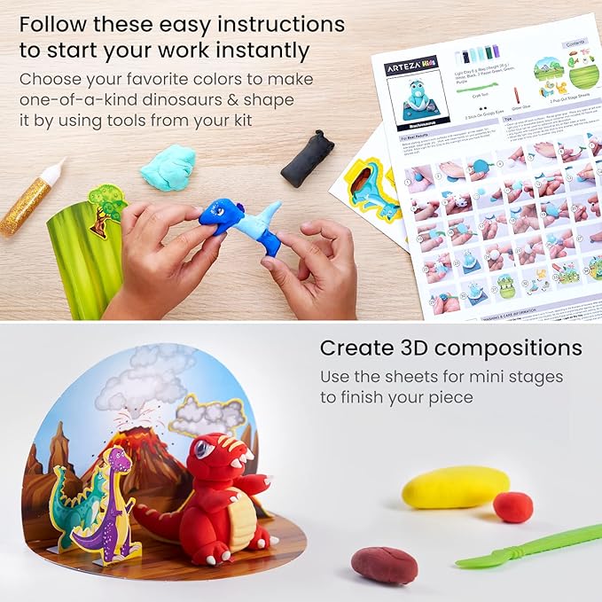 ARTEZA Kids Air Dry Clay, 42 Bars, Dinosaur Modeling Clay Kit, 14 Mini-Stages, 14 Googly Eyes, 3 Glitter Glues, 1 Craft Tool, 7 Instruction Sheets