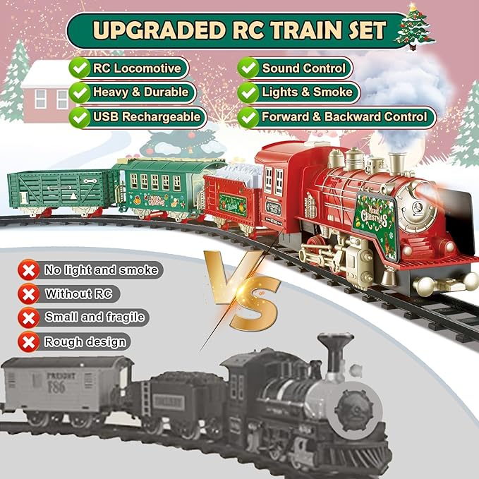 Christmas Train Set - Updated Remote Control Christmas Train Toys w/Smoke, Sounds, Lights, Rechargeable Electric Train for Around Christmas Tree, Train Toys Gifts for 3 4 5 6 7 8+