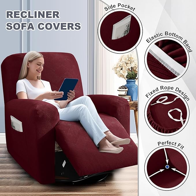 JIVINER Loveseat Recliner Covers, Jacquard 4 Piece Recliner Sofa Cover with Pockets Washable Lazy Boy Reclining Couch Protector with Elastic Bottom (Recliner Loveseat, Wine Red)