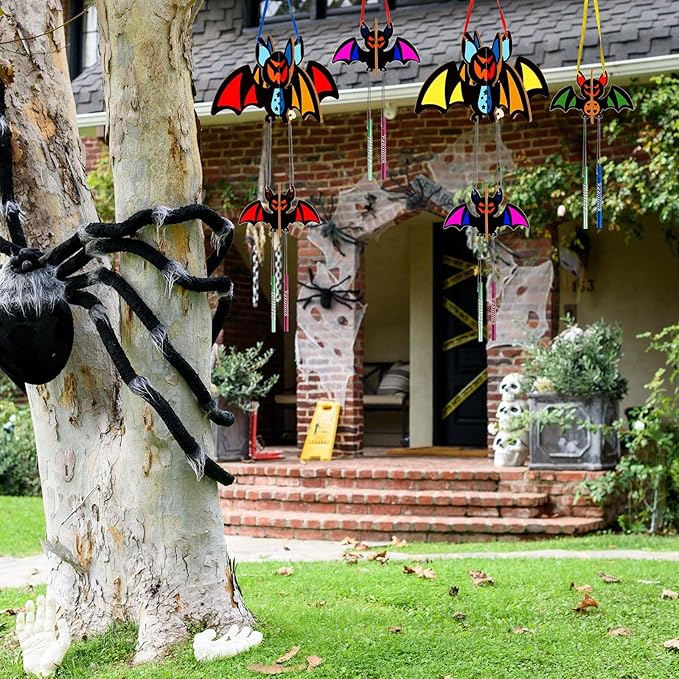 8 Pack Wind Chime Kit for Kids,Halloween Craft Kits Wooden 3D Bat Wind Chime Decorative Hanging Ornaments DIY Painting Craft for Boys Girls Halloween Activity Art Project