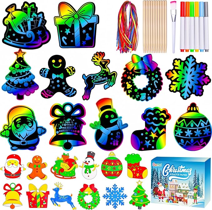 Garma 72Pcs Christmas Crafts Scratch Art for Kids, Rainbow Scratch Paper Christmas Ornaments Crafts Christmas Party Favors Toys Xmas Tree Ornaments Hanging Craft Art Kits
