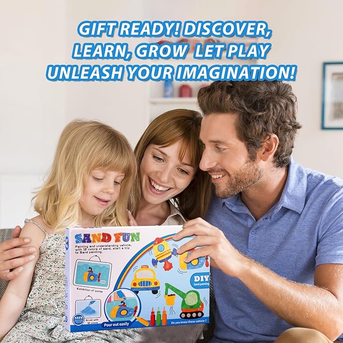 Colorful Sand Art Kit Crafts for Kids Ages 4-8- 12 Colored Sands, 16 Vehicles Sand Art Pictures - DIY Crafts Set for Girls and Boys，Arts and Crafts for Kids Ages 8-12