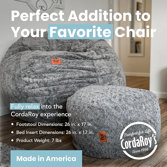 CordaRoy's Faux Fur Bean Bag Pouf Footstool - Washable Fabric Ottoman Cover with Durable Foam Insert - Versatile Footrest for Basement, Living Room, Office - 26" x 17" - Grey