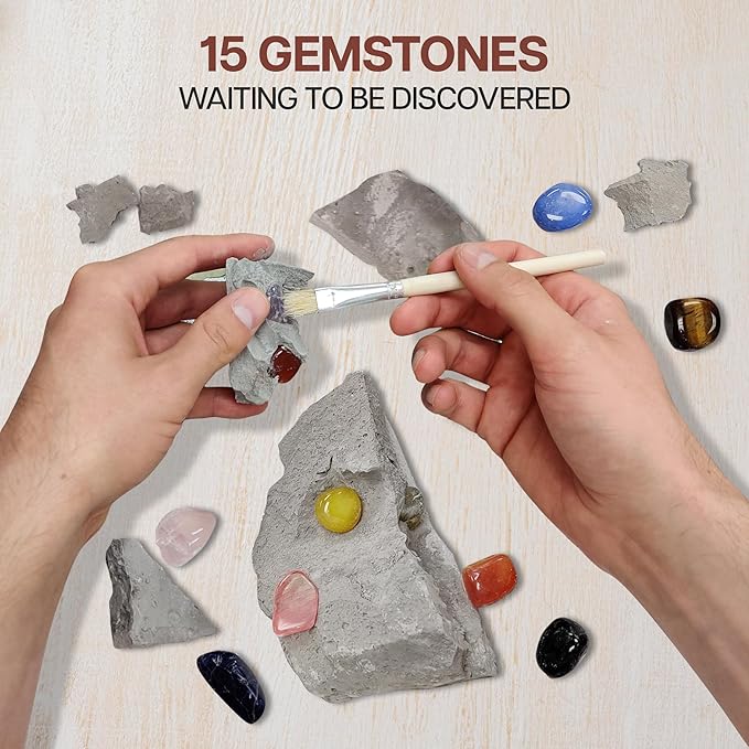 Nature Gear Gemstone Dig Kit for Kids, Educational Crystal Excavation Kit with 15 Mystery Gems, Interactive Adventure Fossil Mining Toy for Kids Age 3-5 and Up