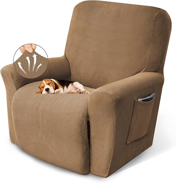 KEKUOU Recliner Chair Covers,Lazy Boy Recliner Covers Stretch Couch Cover Slipcovers 1 Piece Furniture Protector with Elastic Bottom for Kid,Dog(Recliner,Camel)