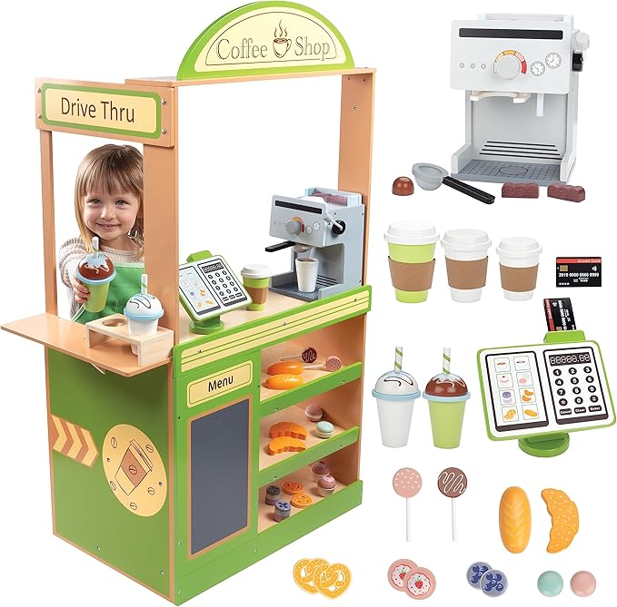 Pretend Coffee Shop Wooden Playset- Drive Thru Window Fun- Includes Frappuccino w Straws Espresso Maker Bread Pastries Rotating Cash Register, Coffee Cups, Apron- 25+ Cute Play Pieces! Kids Gift