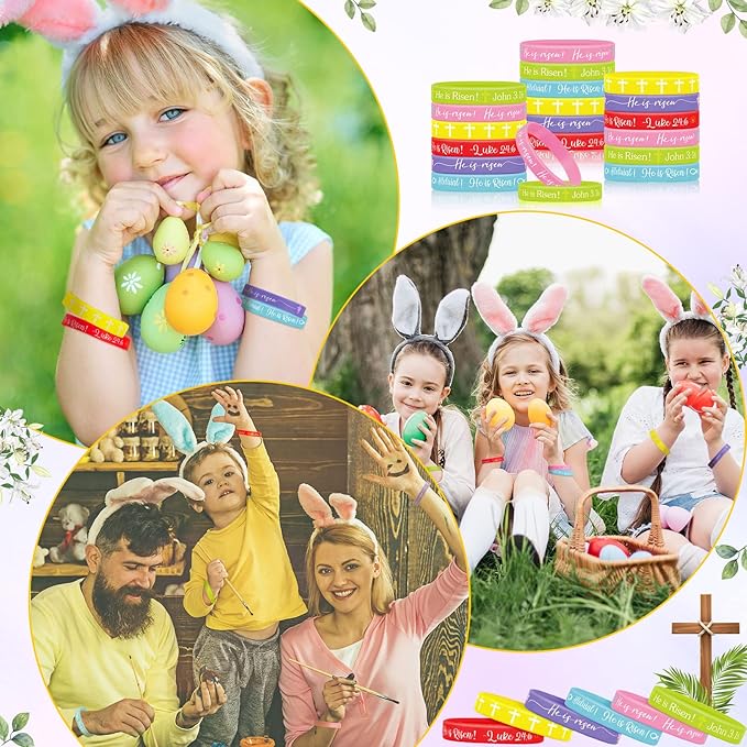 Deekin 72 Pcs He Is Risen Bracelets Bulk Easter Egg Stuffers Basket Filler Religious Silicone Bracelet Party Favors Bible Rubber Bracelet Cross Catholic Exchange Gifts for Kids Festival Spring Party