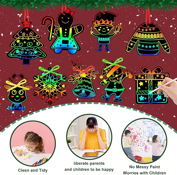 JULMELON Christmas Scratch Art, 36 PCS Christmas Crafts Kits for Kids Rainbow Magic Scratch Paper Cards Xmas Hanging Ornaments Decorations DIY Winter Holiday Party Favors