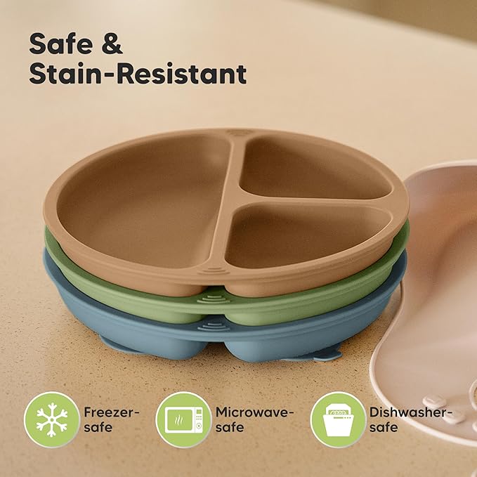 KeaBabies Suction Plates for Baby, Toddler - 3-Pack 100% Silicone Toddler Plates, Divided Baby Plates with Suction, Silicone Plates for Baby, Kids, BPA-Free, Microwave, Dishwasher Safe (Desert)