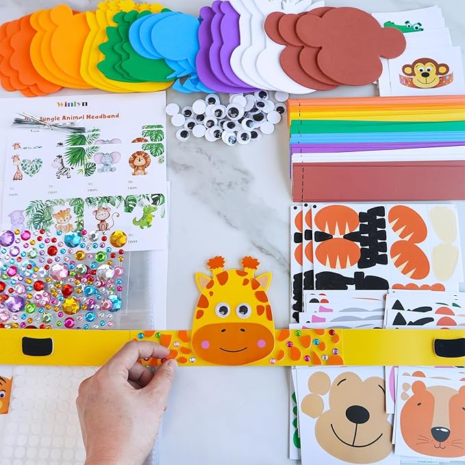 Winlyn 24 Sets Jungle Animal Headbands Craft Kits Safari Animal Crown Art Sets DIY Zoo Animal Party Headbands Animal Foam Stickers for Kids Jungle Safari Birthday Activities Party Favors Decorations