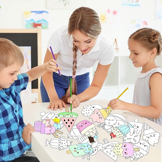 JAPBOR Ice Cream Coloring Craft - 83PCS Summer Ice Cream Themed Party Activities Game Kits for Kids, Color Your Own DIY Desserts Art Cards Hanging Ornament, Draw Paper Book School Activity Party Favor