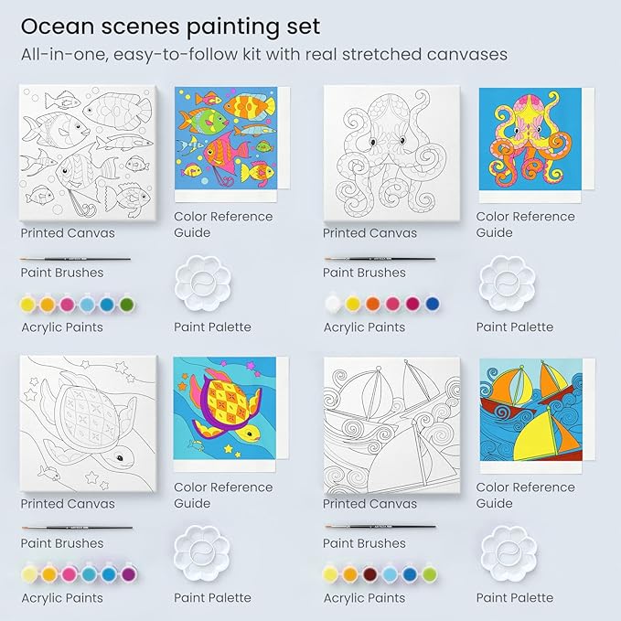 Arteza Kids Ocean Scenes Painting Kit, 4 Canvases 8 x 8 Inches, 24 Acrylic Paints, 4 Paint Brushes, 4 Palettes, Kids Activities Ages 6 and Up