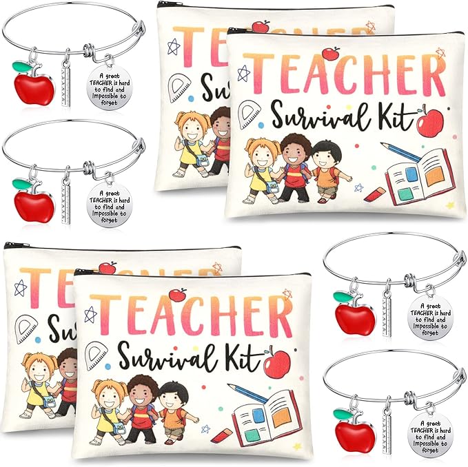 8 Pcs Teacher Appreciation Gift Set for Women, 4 Teacher Makeup Pouch Cosmetic Bags and 4 Bangle Bracelets, Christmas Valentines Thank You Gifts for Teacher (Cute Style)