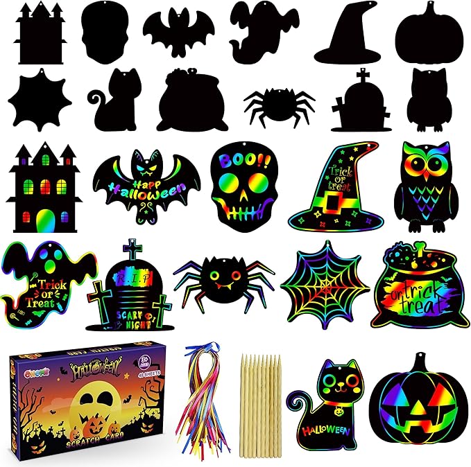 OHOME Halloween Party Favors - 48 PCS Halloween Magic Rainbow Scratch Paper Cards Set,Halloween Games for Kids - Kids Halloween Treats Toys Gifts Party Supplies | Halloween Crafts for Kids