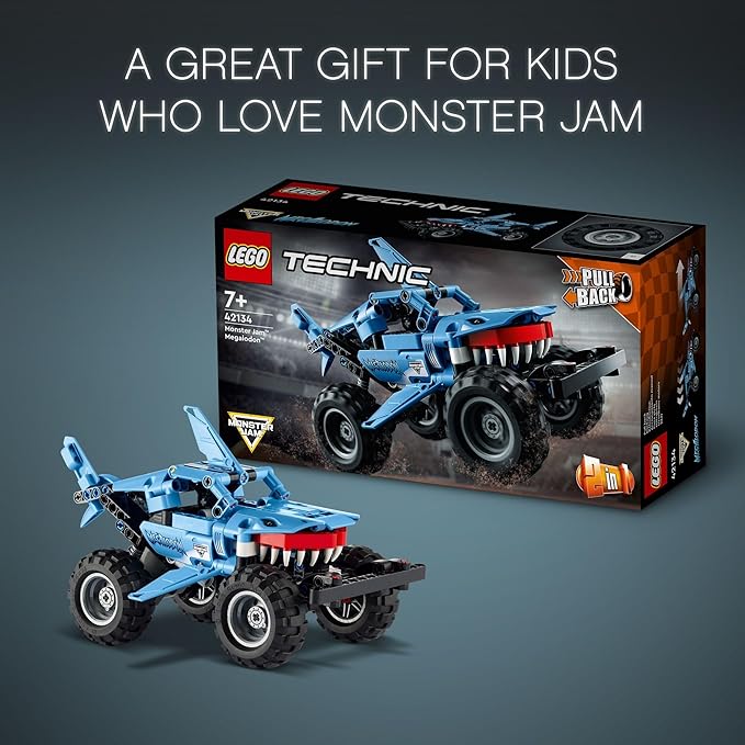 LEGO Technic Monster Jam Megalodon Building Set, 2 in 1 Pull Back Shark Truck to Lusca Low Racer Car Toy, DIY Building Toy Ideas for Outdoor Play for Kids, Boys, and Girls Ages 7 and Up, 42134