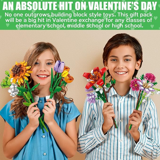 Valentines Day Gifts for Kids Teens, 24 Pack Sunflower Bouquet Building Blocks with Gift Cards for School Classroom, Bulk Boy Girl Kid Valentine Party Favors Exchange Goodie Bag Gifts Stuffers