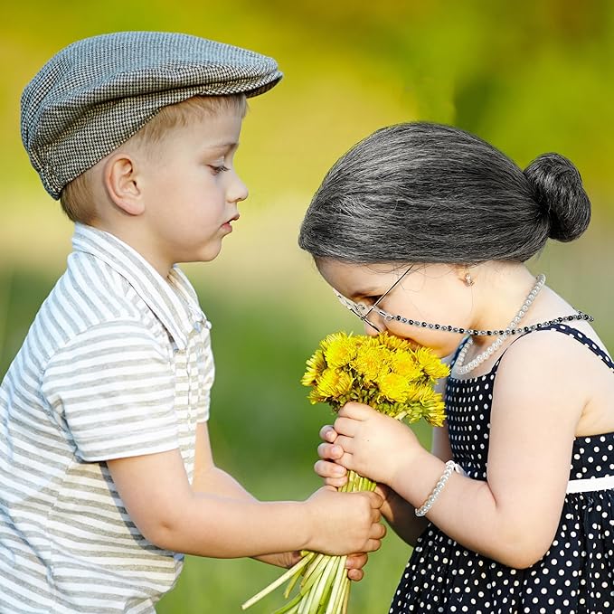 Old Lady Costume for Kids Women, 100 Days of School Black White Bun Wig Glasses Wig Cap Pearl Necklace Bracelet Accessories