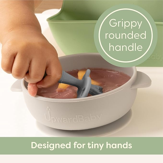 Upward Baby Spoons Self Feeding 6+ Months - 3 Pack, Chewable Toddler Utensils with Anti Choke Barrier, Baby Feeding Essentials, Baby Spoons 4 months, Silicone Baby Spoons, Pink