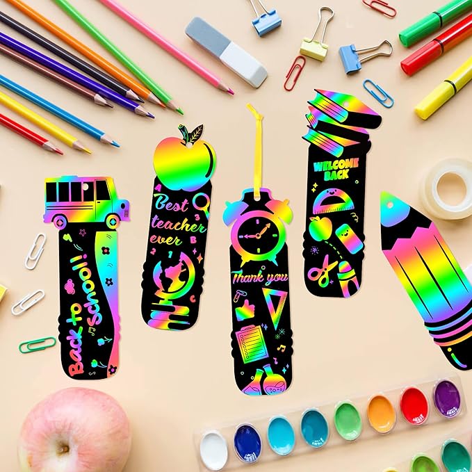 BeYumi 60Pcs Scratch Bookmarks for Kids Back to School Appreciation DIY Magic Scratch Cards Party Favors Gifts Classroom School Decor Supplies Art Crafts Kit for Student to Teacher