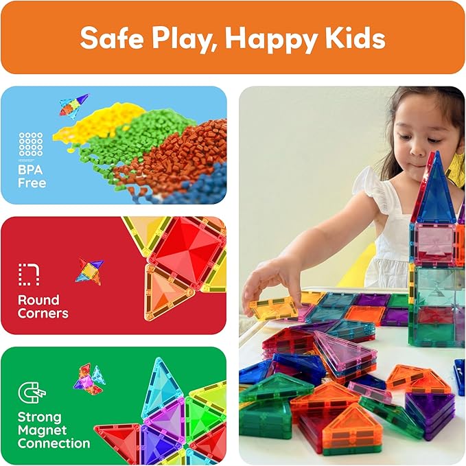 PicassoTiles 80 Piece Mini Size Magnetic Tiles Sensory Magnet Toys Diamond Series Construction Building Blocks Set STEM Learning Travel Size Educational Toy for Kids Boys Girls Toddlers Age 3+ PTM80