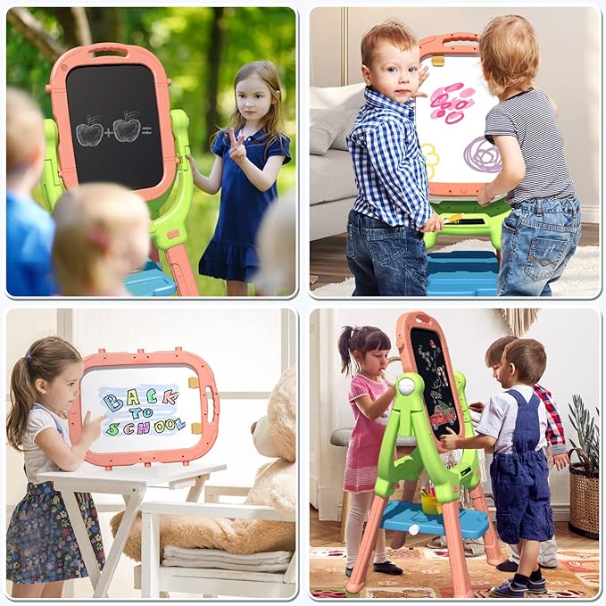 Kids Easel, Kids Toys Rotatable Double Sided Chalk Board Adjustable Height Standing Toddler Easel with 79pcs Accessories Art Set, Pink