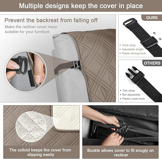 TAOCOCO 100% Waterproof Recliner Chair Cover, Oversized Recliner Covers for Large Recliner Chair with Double Straps, Non Slip Reclining Chair Cover for Kids, Pets(Oversized Recliner, Taupe)
