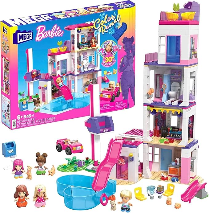 Mega Barbie Color Reveal Building Toys Set, DreamHouse with 545 Pieces, 5 Micro-Dolls, 6 Pets and Accessories, 30 + Surprises, Kids Ages 6+ Years