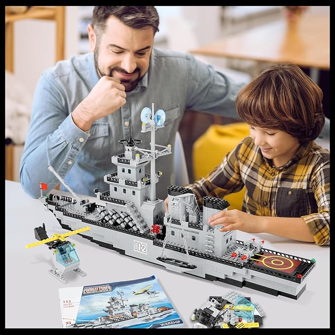 WW2 Military Battleship Building Block Set, Large-SizedCruiser Toy, Military Battle Ship Toy with Helicopter and City Lifeboat, A Gift Compatible with Lego Sets for Boys 8-14 & Adults (910pcs)