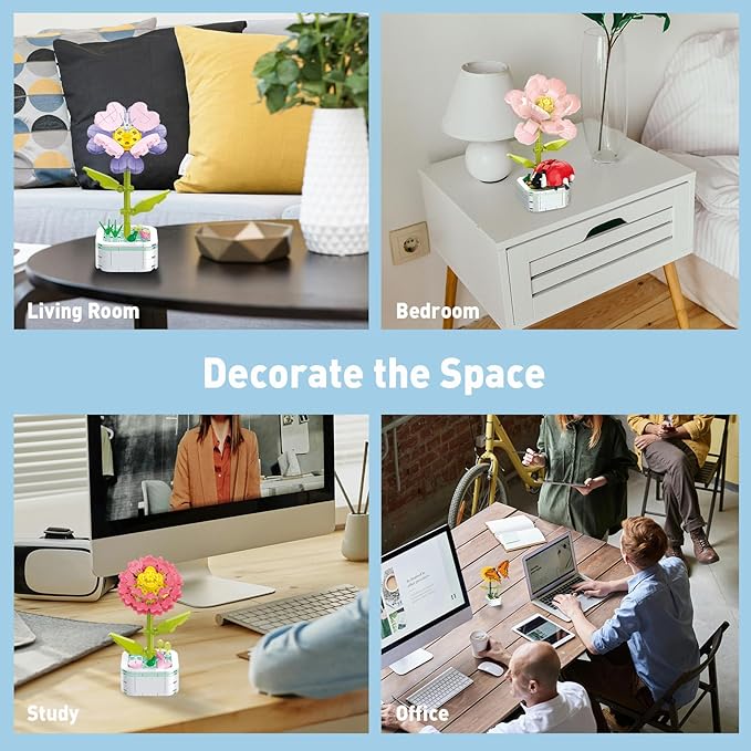 Flower Bouquet Building Set with Base, Flower Building Set Artificial Plant Flowers Building Blocks for Home Office Decor, Birthday Gifts, Desktop Trinkets Age 6+