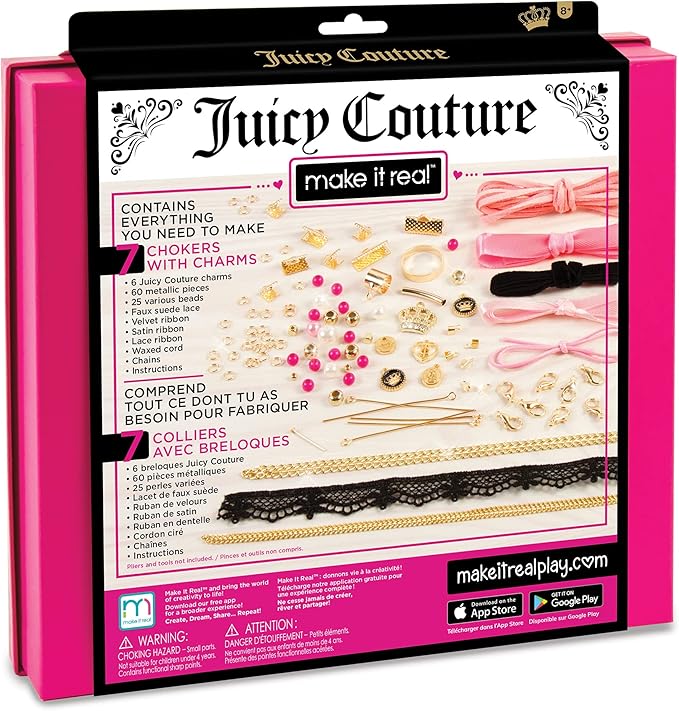 Make It Real Juicy Couture: Chokers & Charms Kit - Create 7 Unique Necklaces, 102 Pieces, 7 Trendy Chokers, 6 Juicy Charms, Tweens & Girls, Elastic Fitted Necklaces, DIY Bead Jewelry Kit, Ages 8+